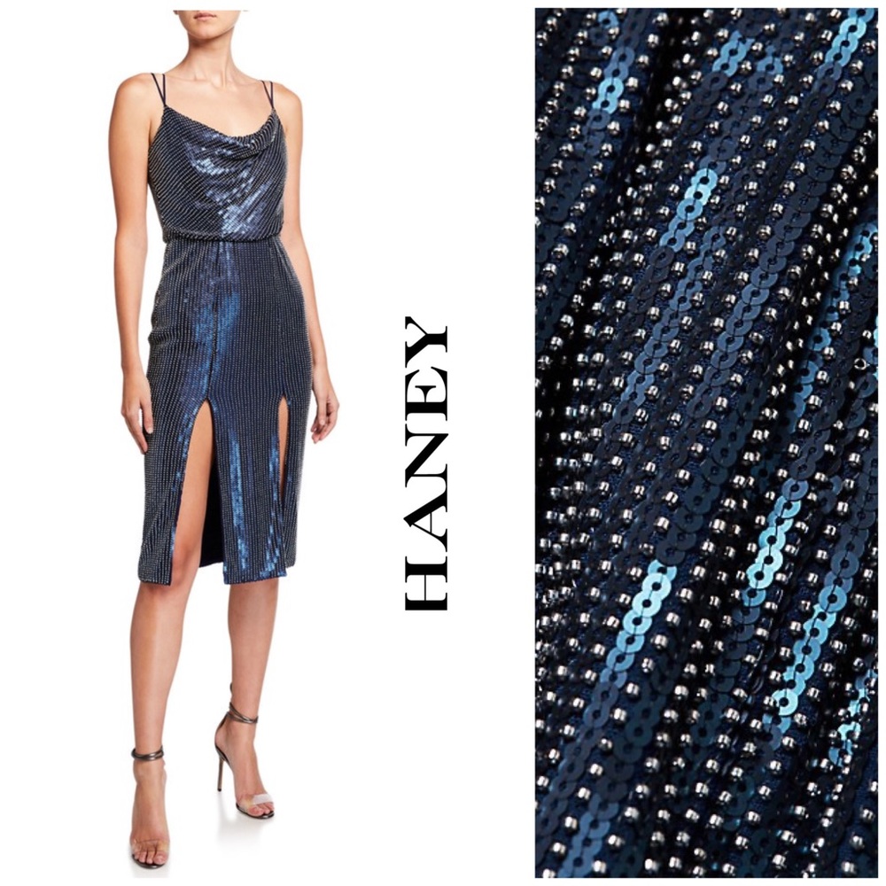 NWT Haney Elise Sequin Embellished Thigh-Slit Midi Cocktail Dress Flapper Gatsby - Picture 2 of 16